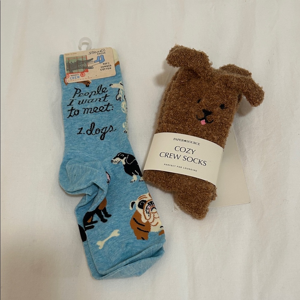 Paper Source and Blue Q Dog Socks, Blue and Brown Cozy Crew Socks